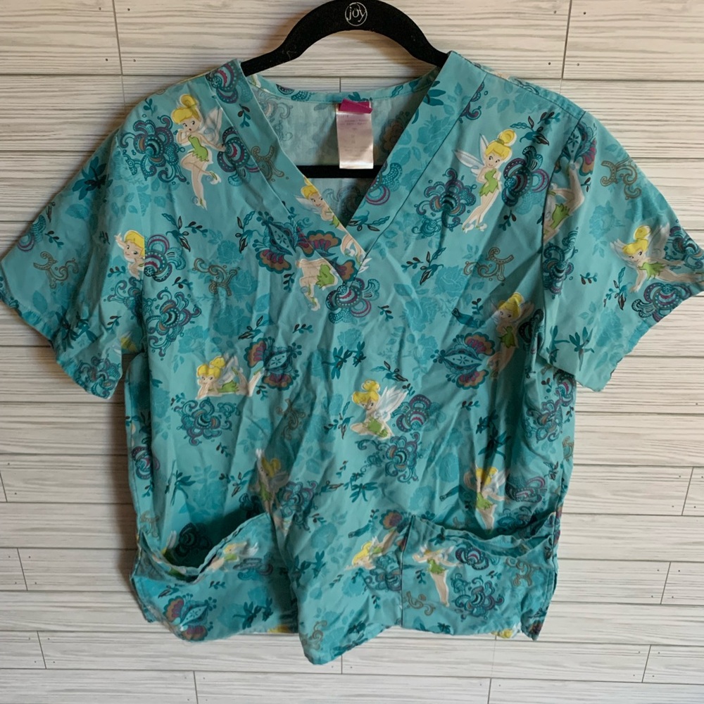 Disney Floral Print Scrub Top with Tinker Bell Motif